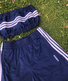 Vintage Reworked Adidas 3 Stripes Tracksuit Tube Top & Shorts Two Piece Set / Co-Ord Navy Blue & White