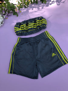 Vintage Reworked Adidas 3-Stripes Tracksuit Tube Top & Shorts Two Piece Set Grey & Lime Green