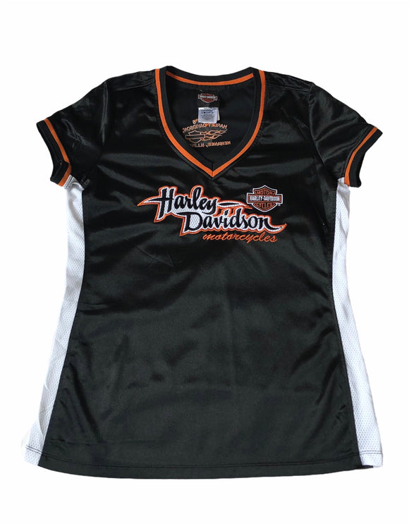 Vintage y2k Harley Davidson Embroidered Jersey Top  / Graphic Print V  Neck T Shirt Black & Orange