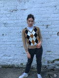 Vintage Y2K Argyle Diamond Print V-Neck Sweater / Jumper / Sweatshirt Knitted Top Beige