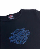 Vintage y2k Harley Davidson Sequin Embroidered Graphic Print Short Sleeve Top / T Shirt Black & Blue