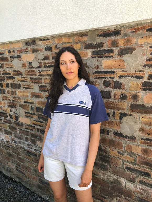Vintage y2k Asics Spell Out Oversized Polo Shirt T Shirt Grey & Blue