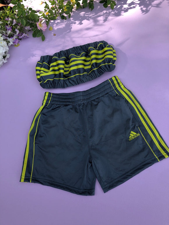 Vintage Reworked Adidas 3-Stripes Tracksuit Tube Top & Shorts Two Piece Set Grey & Lime Green