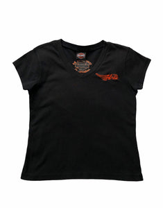 Vintage y2k Harley Davidson Embroidered Logo Top  / Graphic Print V Neck T Shirt Black & Orange