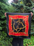 Vintage Printed Silky Patterned Lightweight Multiway Square Scarf / Scarf Top Black Red & Gold
