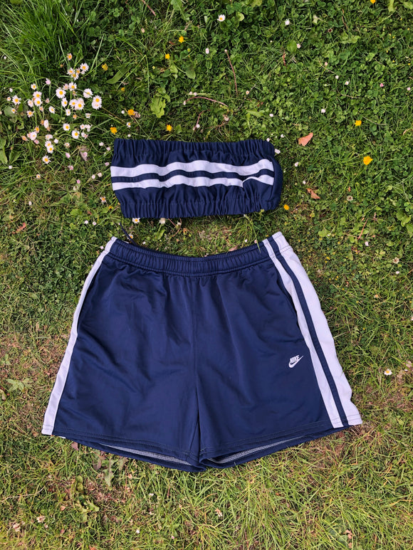 Vintage Reworked Nike Tracksuit Tube Top & Shorts Two Piece Set / Co-Ord Navy Blue & White