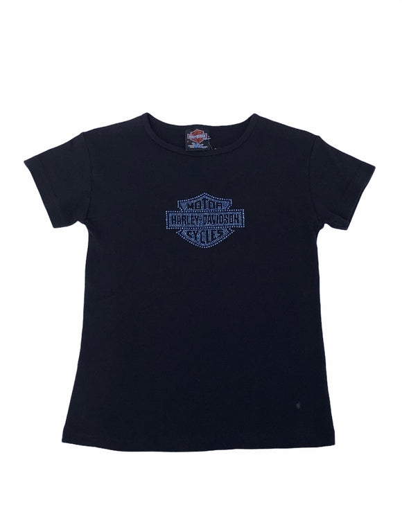 Vintage y2k Harley Davidson Sequin Embroidered Graphic Print Short Sleeve Top / T Shirt Black & Blue