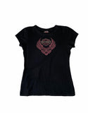 Vintage y2k Harley Davidson Las Vegas Sequin Embroidered Graphic Print Short Sleeve Top / T Shirt Black & Pink