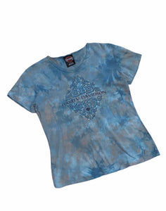 Vintage y2k Harley Davidson Tie Dye Sequin Embroidered Logo Top  / Graphic Print T Shirt Blue