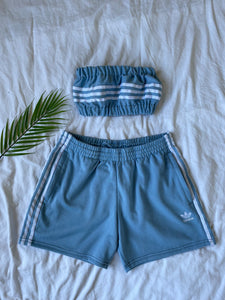 Vintage Reworked Adidas Originals Co-Ord Tube Top & Shorts Two Piece Set Baby Blue