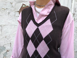 Vintage Tommy Hilfiger Argyle Diamond Patterned Knitted Sweater Vest / Tank Top Brown & Pink