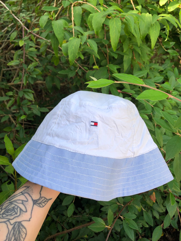 Vintage Reworked Tommy Hilfiger Recycled Shirt Bucket Hat White & Blue