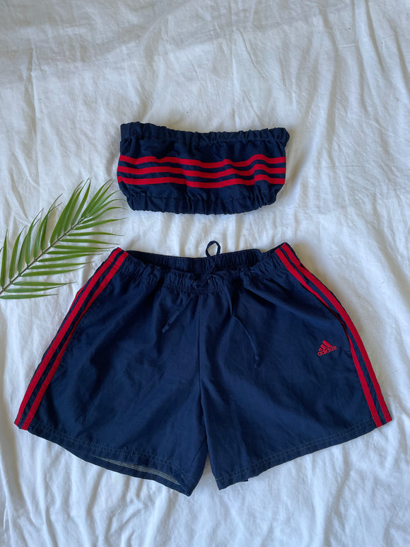 Vintage Reworked Adidas Co-Ord Tube Top & Shorts Two Piece Set Navy & Red