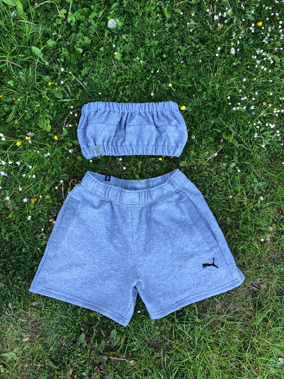 Vintage Reworked Puma Tracksuit Tube Top & Shorts Two Piece Set / Co-Ord Grey