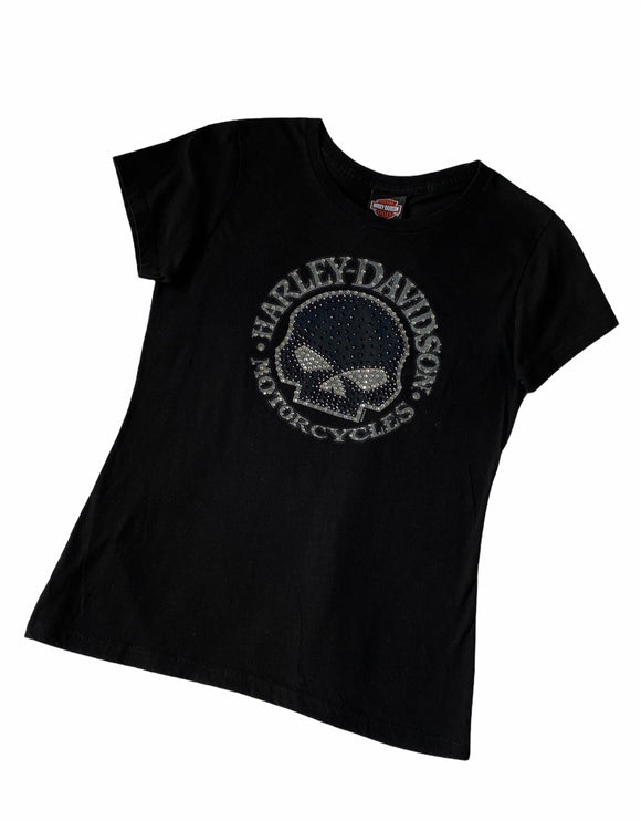 Vintage y2k Harley Davidson Sequin Embroidered Top  / Graphic Print T Shirt Black & Silver