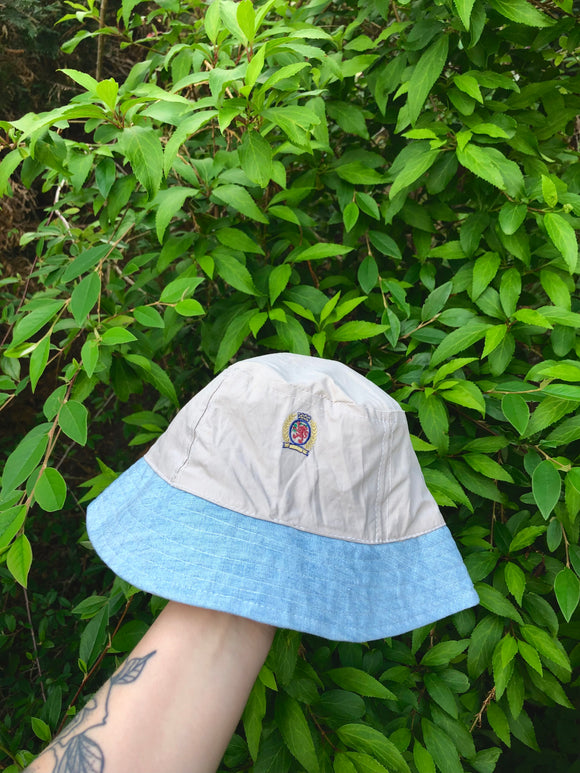 Vintage Reworked Tommy Hilfiger Recycled Shirt Bucket Hat Beige and Blue