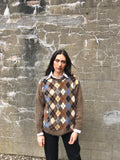 Vintage y2k Valentino Argyle Knit Diamond Print Sweater / Jumper / Sweatshirt Brown Beige
