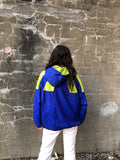 Vintage Windbreaker Oversized Colourful Half Zip Shell Jacket Pullover Blue & Neon Yellow