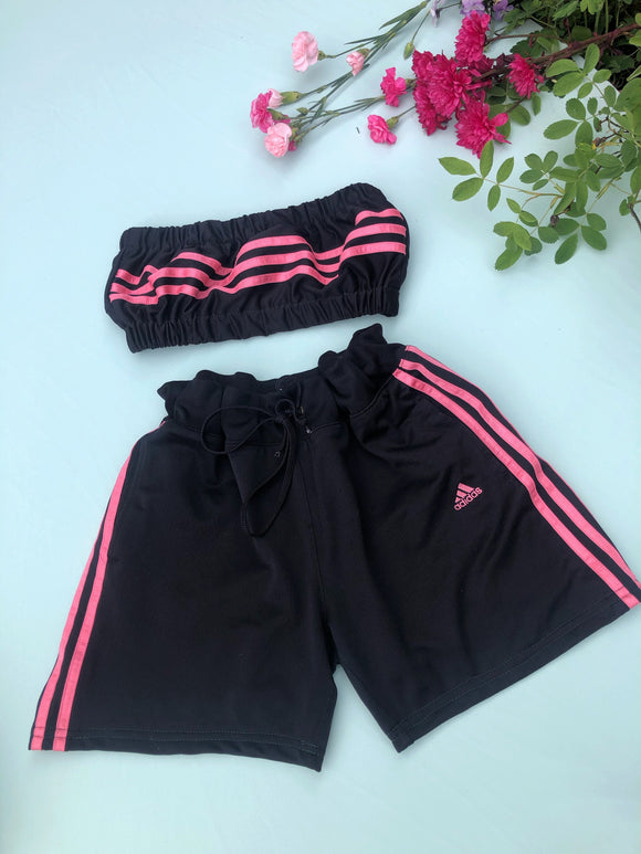 Vintage Reworked Adidas 3-Stripes Tracksuit Tube Top & Shorts Two Piece Set Black & Baby Pink