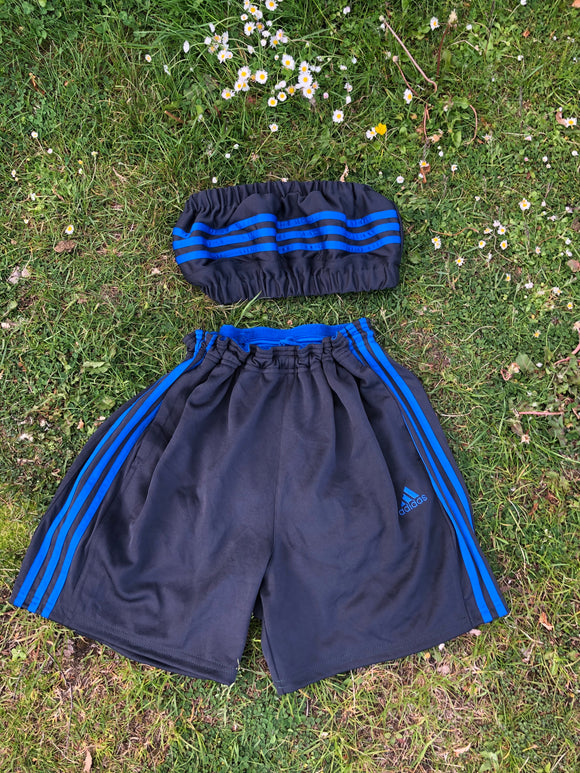 Vintage Reworked Adidas 3-Stripes Tracksuit Tube Top & Shorts Two Piece Set / Co-Ord Grey & Blue